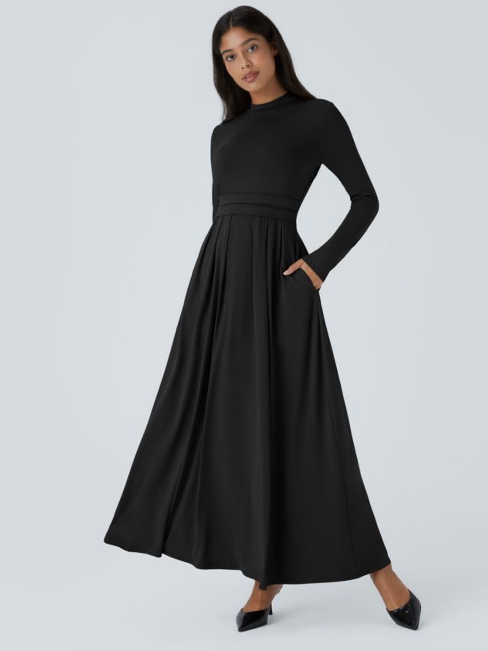 NWOT HALARA Mock-neck Long Sleeve Flare Maxi Casual Dress.